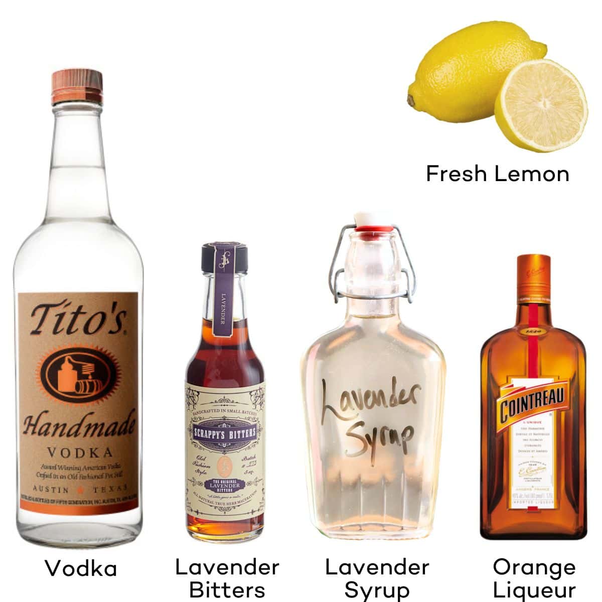 Ingredients for Lavender Lemon Drop martinis - vodka, lemon, lavender bitters, lavender syrup, orange liqueur. 