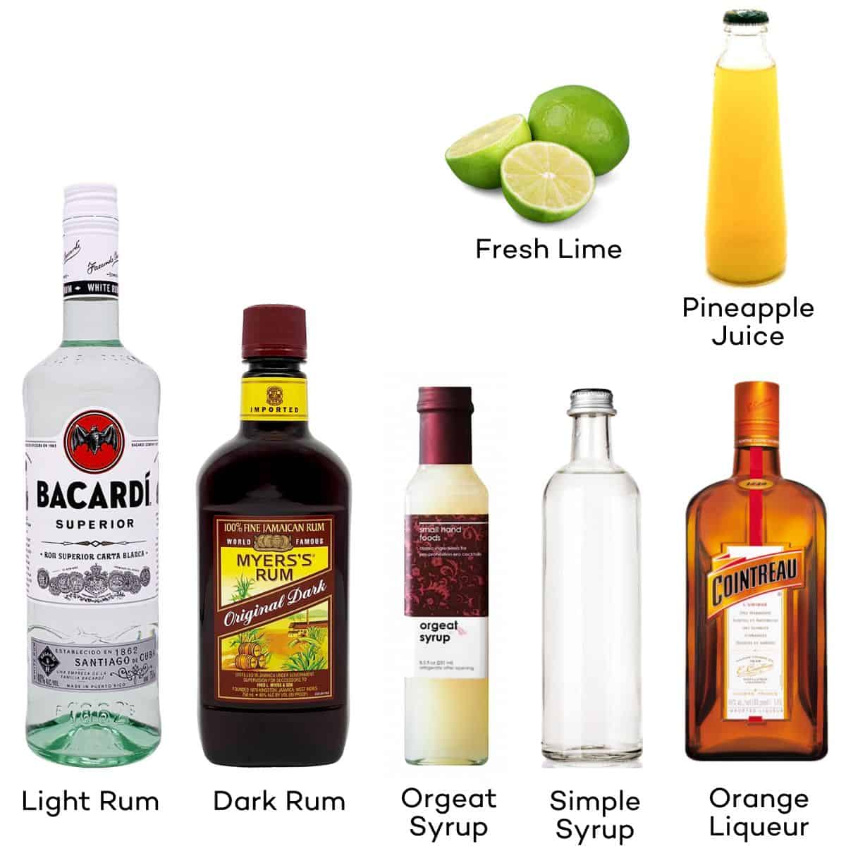 Ingredients for Pineapple Mai Tais - light rum, dark rum, orgeat, orange liqueur, pineapple juice, lime juice, simple syrup.