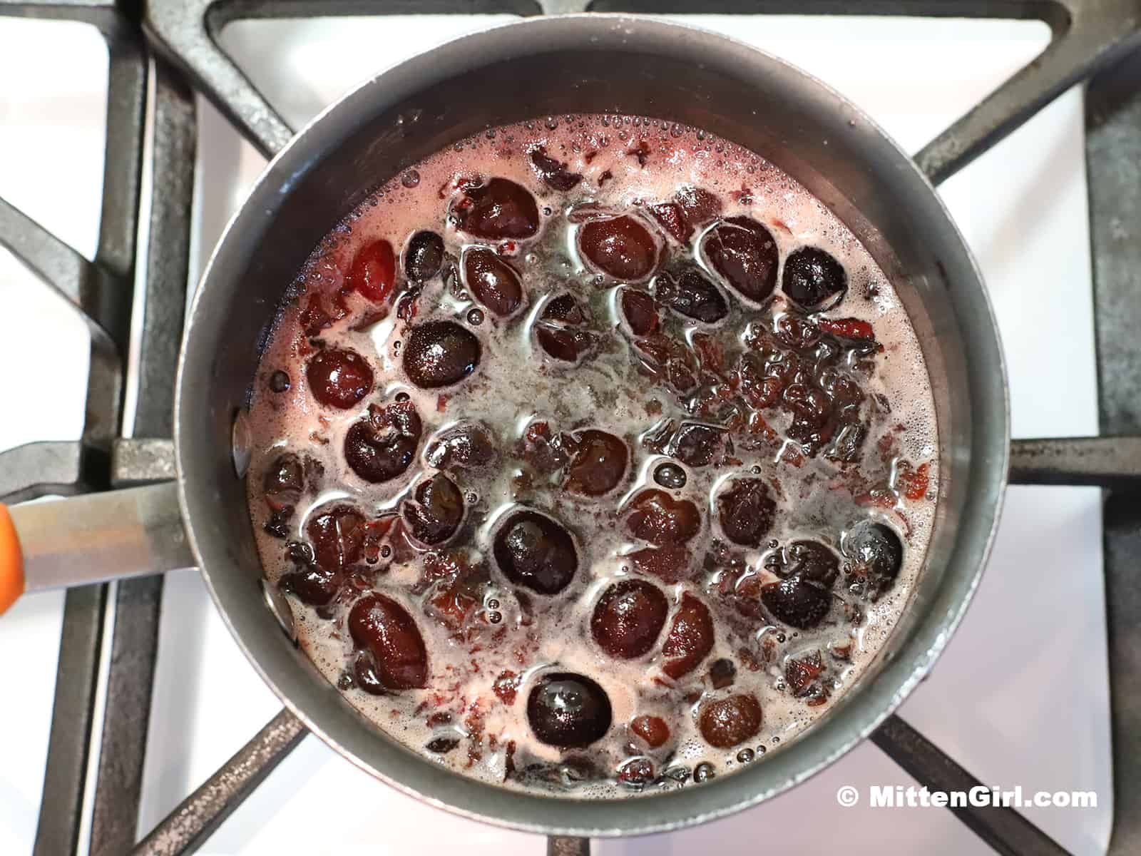 Water, sugar, and cherries cooking on the stove in a pot.