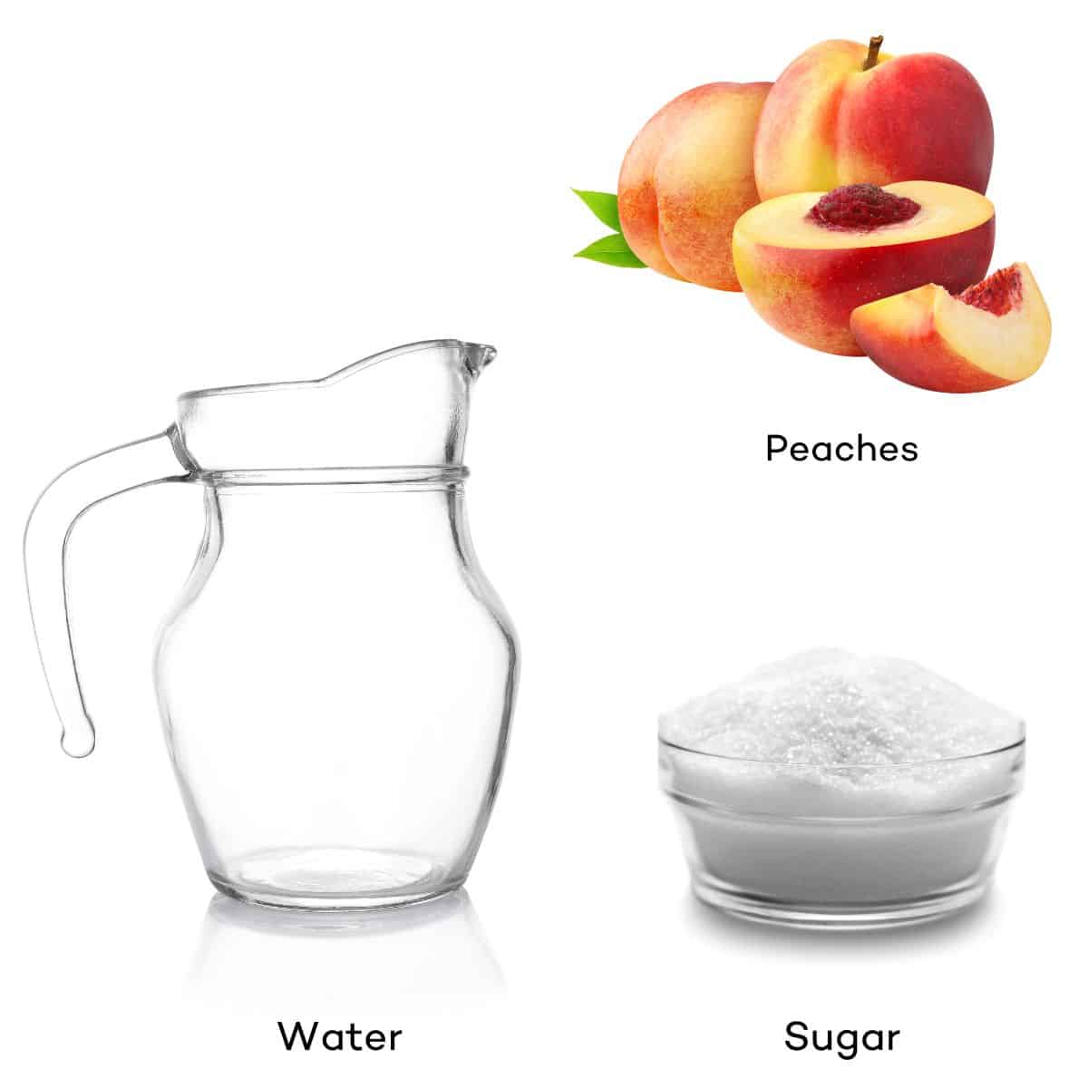 Ingredients for peach syrup - water, sugar, peaches.