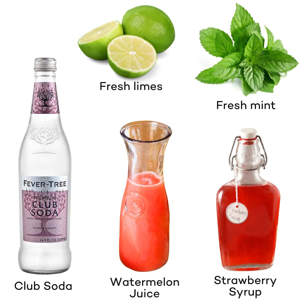 Ingredients for Watermelon Strawberry Mocktails - Fresh lime, fresh mint, strawberry syrup, watermelon juice, club soda. 