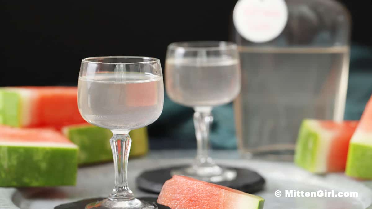 Small glasses of Watermelon Infused Vodka