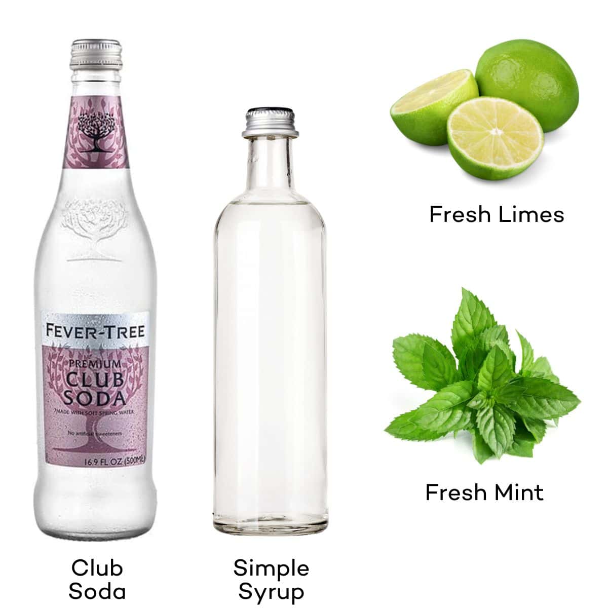 Ingredients for mojito mocktails - club soda, simple syrup, mint, lime. 