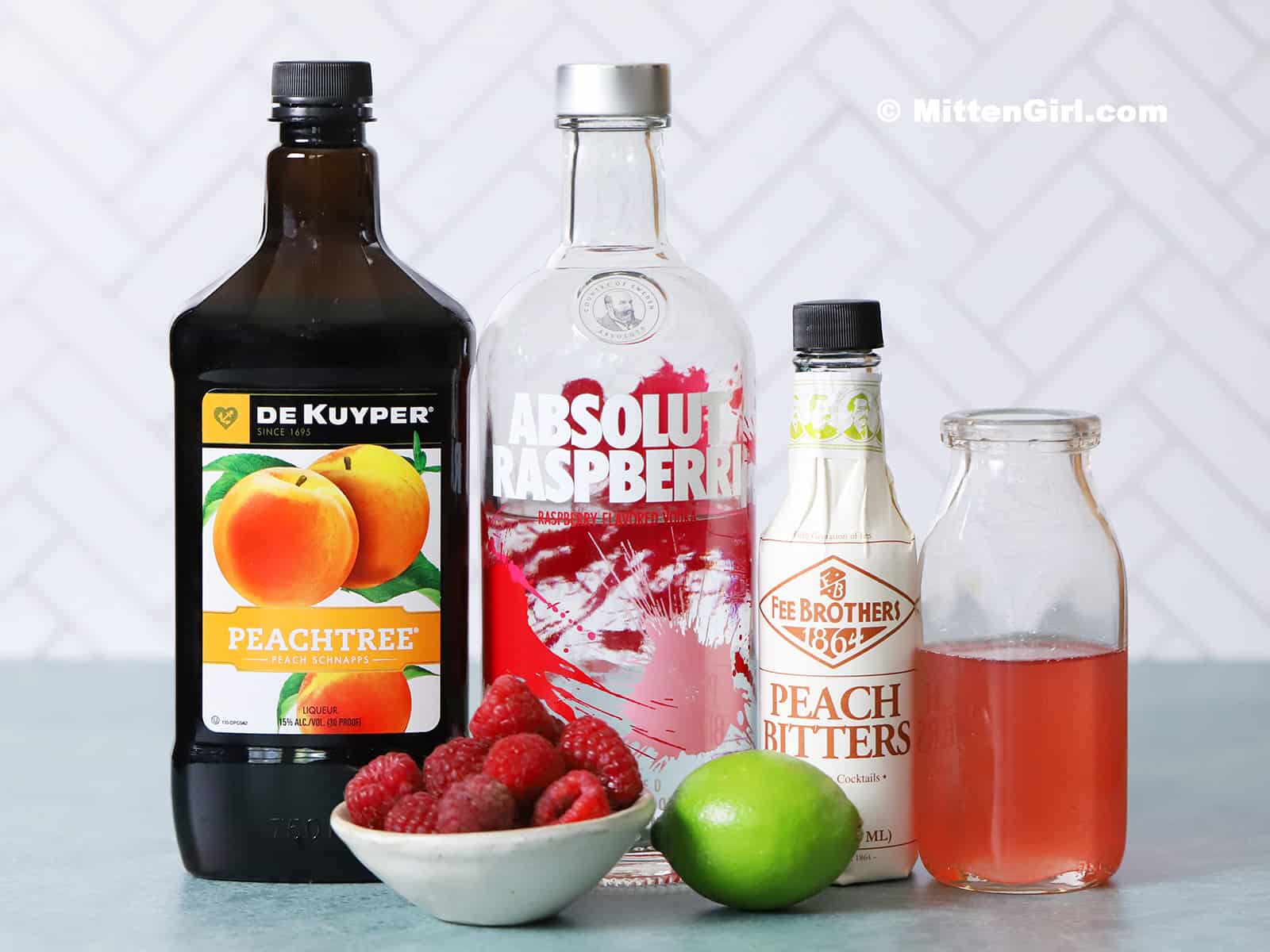 Ingredients for Peach Raspberry Vodka Martinis