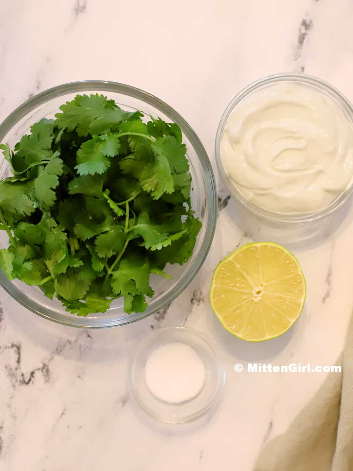 Ingredients for cilantro lime creme. 