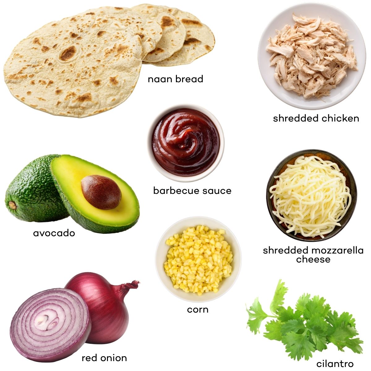Ingredients for barbecue chicken flatbread pizza.