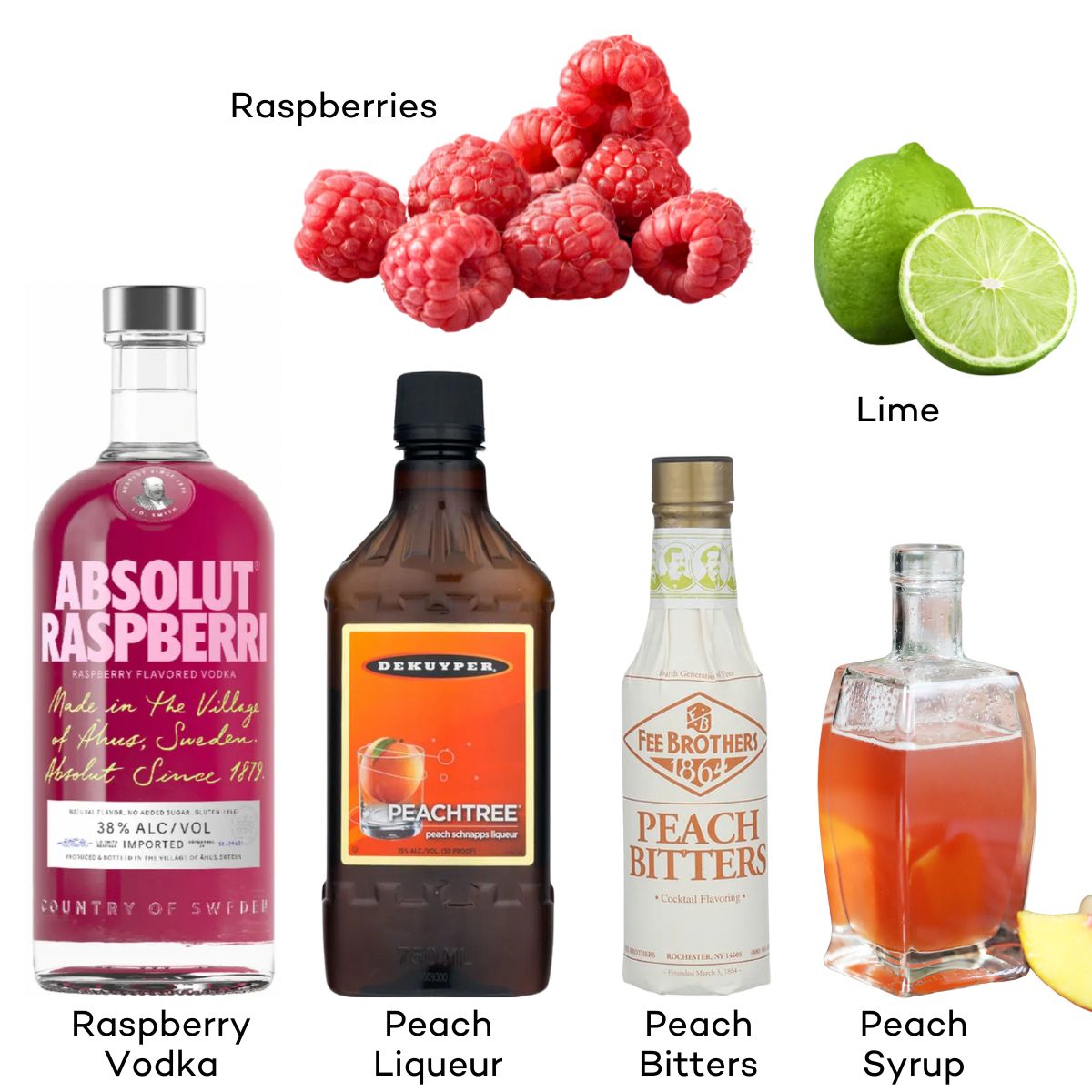 Ingredients for Peach Raspberry Martinis.
