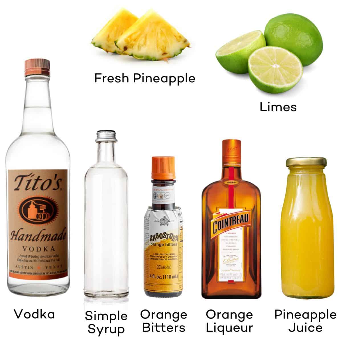 Ingredients for pineapple martinis - vodka, simple syrup, orange bitters, orange liqueur, pineapple juice, limes, fresh pineapple