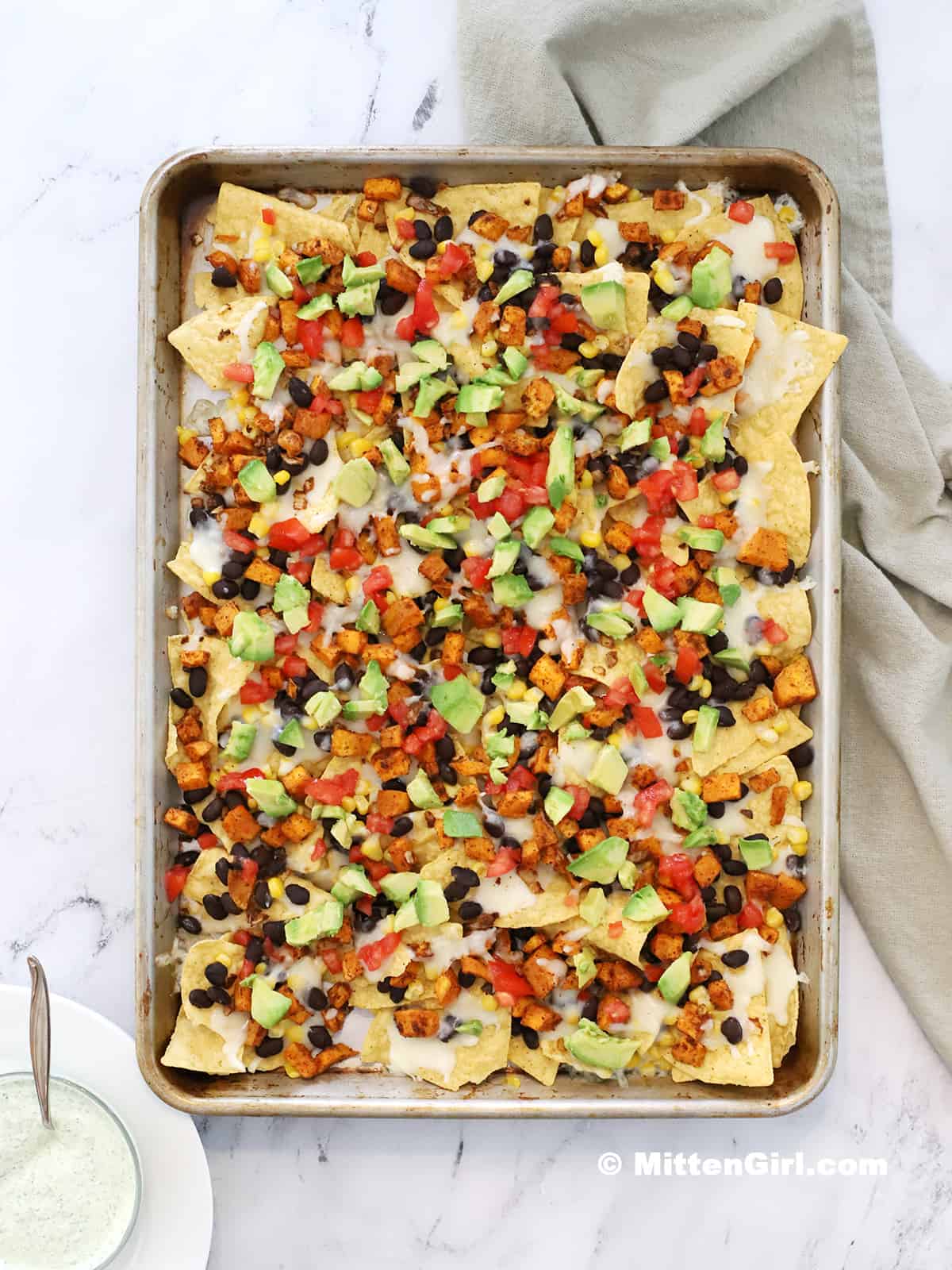 Vegetarian nachos with toppings.