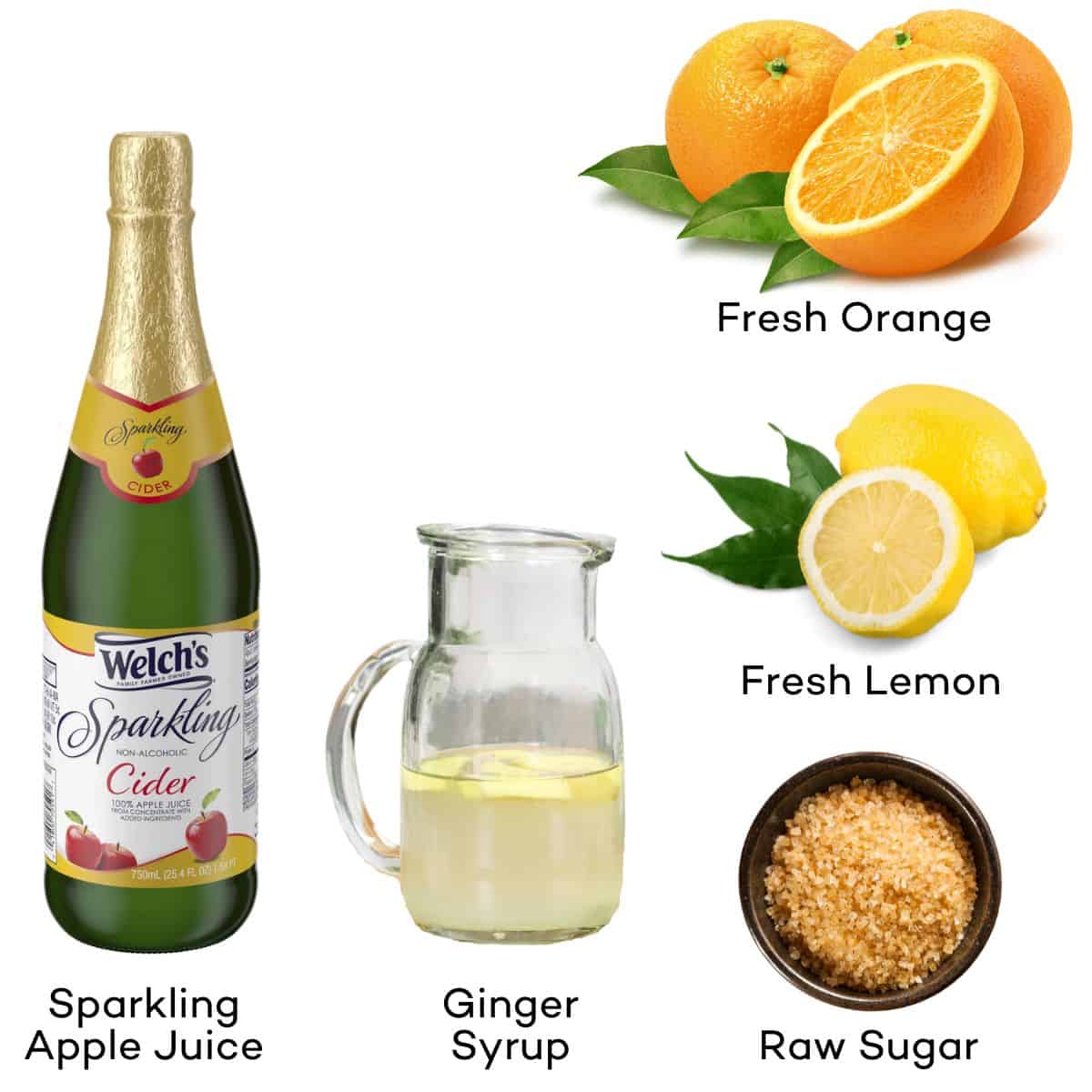 Ingredients for Citrus Apple Mocktails - Sparkling apple cider, lemon, orange, ginger syrup, raw sugar.