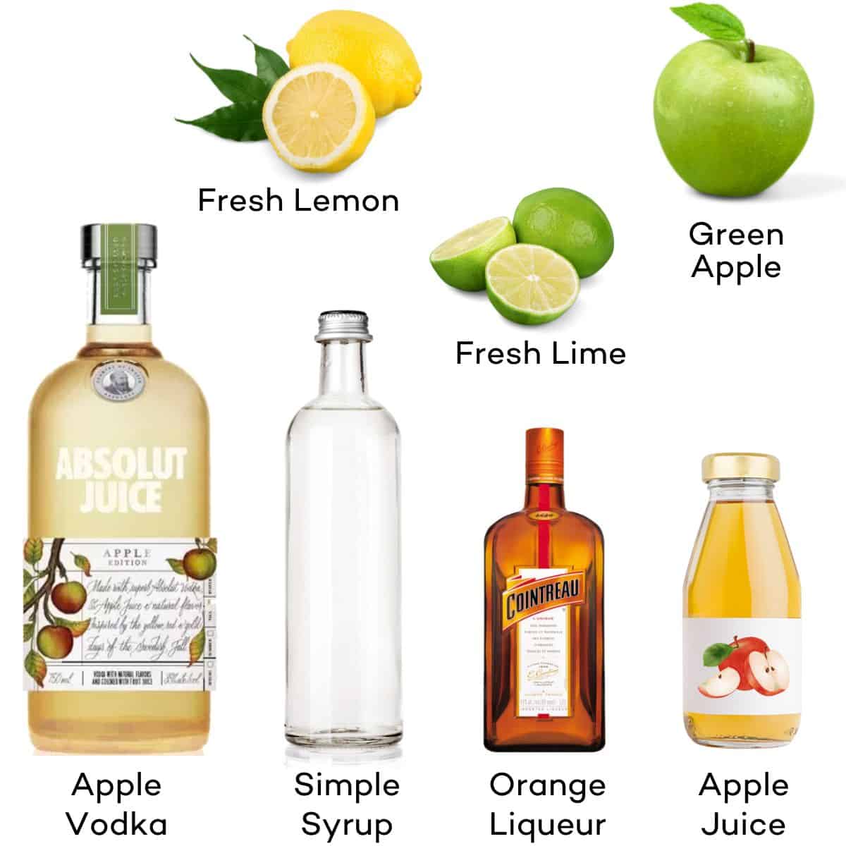 Ingredients for green apple vodka martinis - apple vodka, simple syrup, orange liqueur, apple juice, lemon, lime, green apple. 