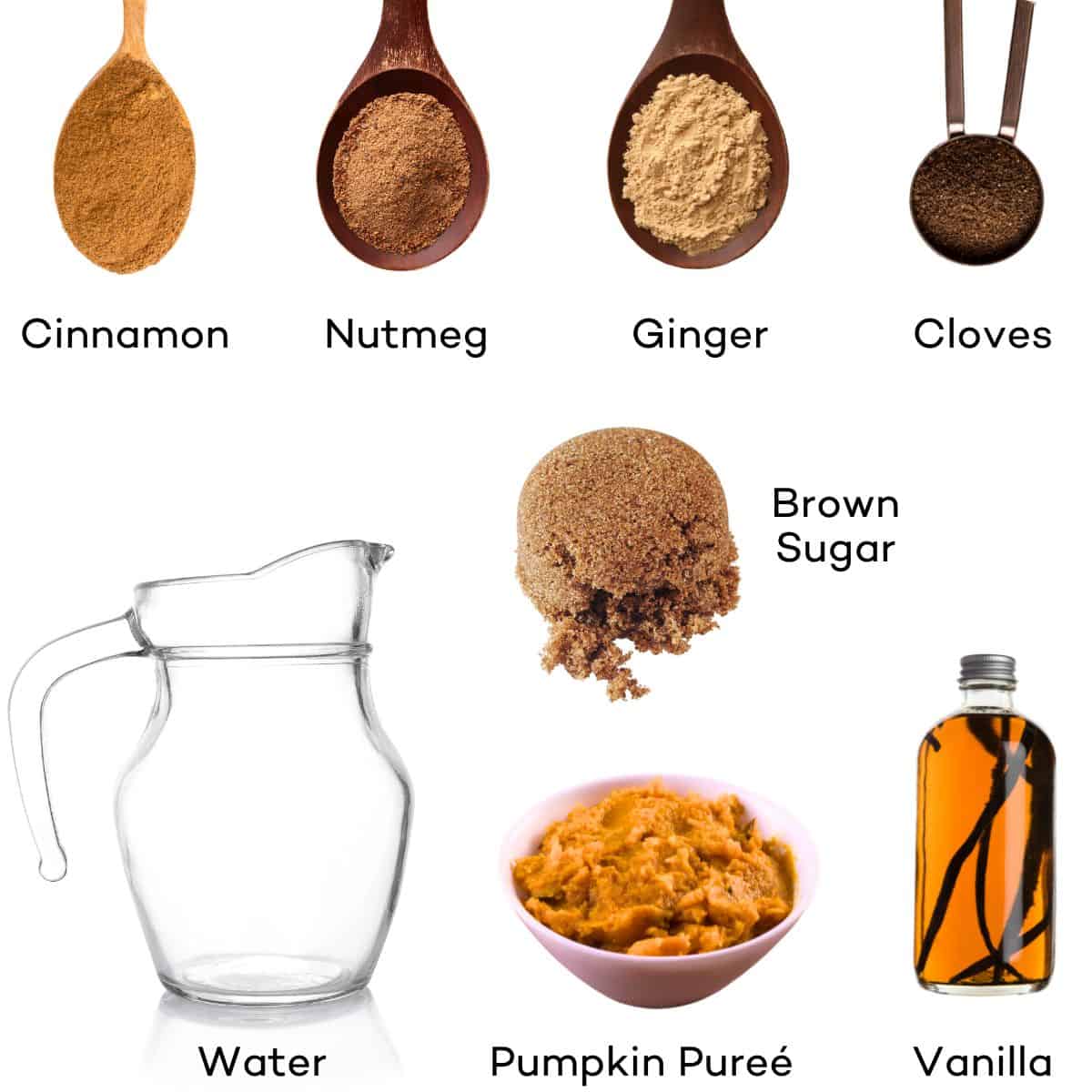 Ingredients for pumpkin spice syrup - water, pumpkin puree, vanilla, brown sugar, cinnamon, nutmeg, ginger, cloves.
