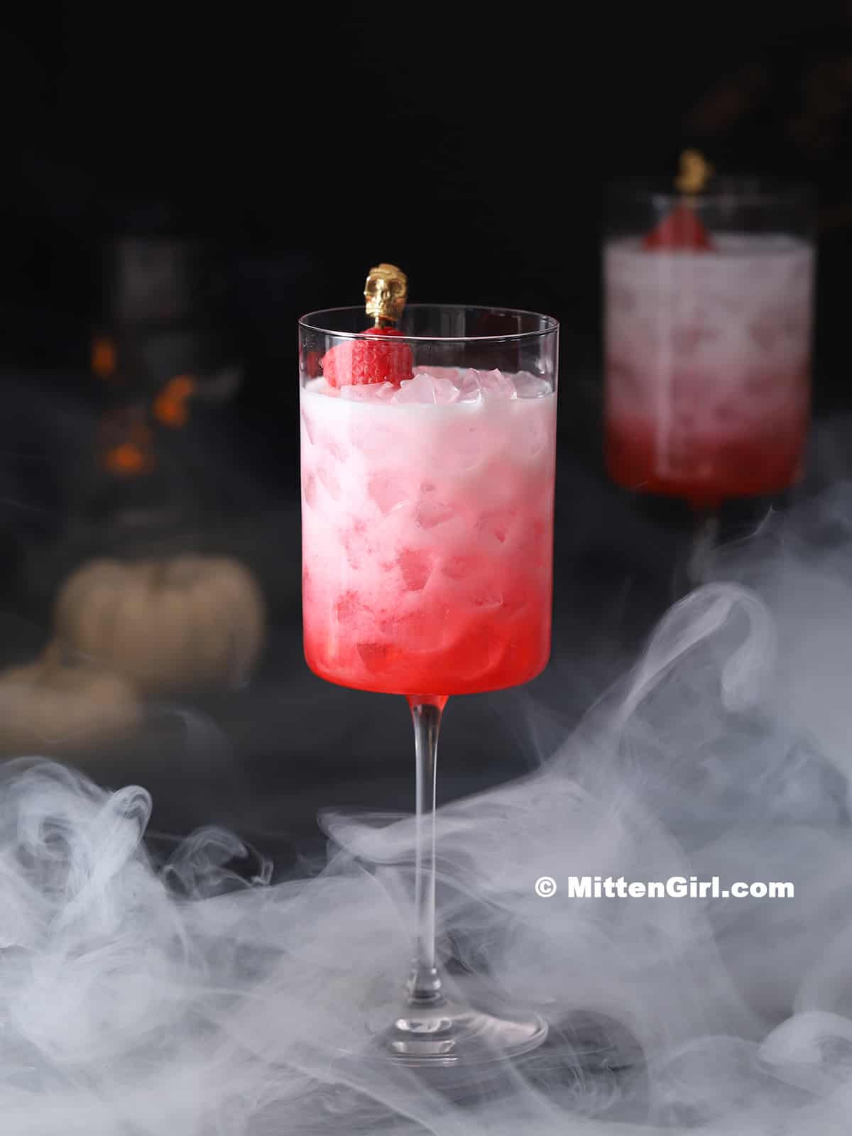 Bloody Ghost Halloween Vodka Cocktail surrounded by smoke.