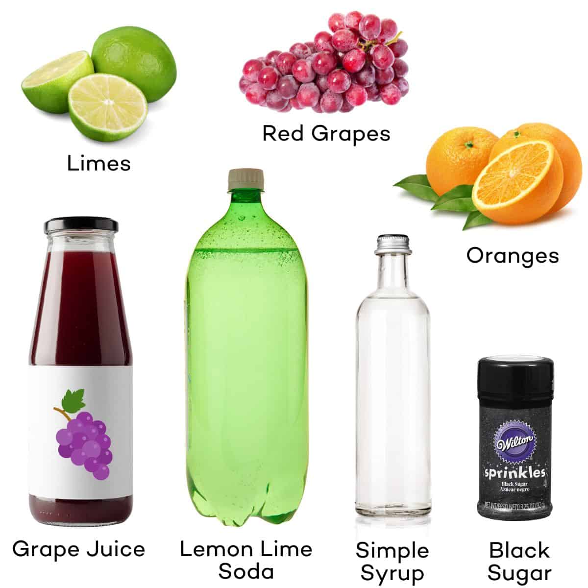 Ingredients in a Halloween mocktail - Grape juice, lemon lime soda, limes, simple syrup, oranges, grapes, black sugar.