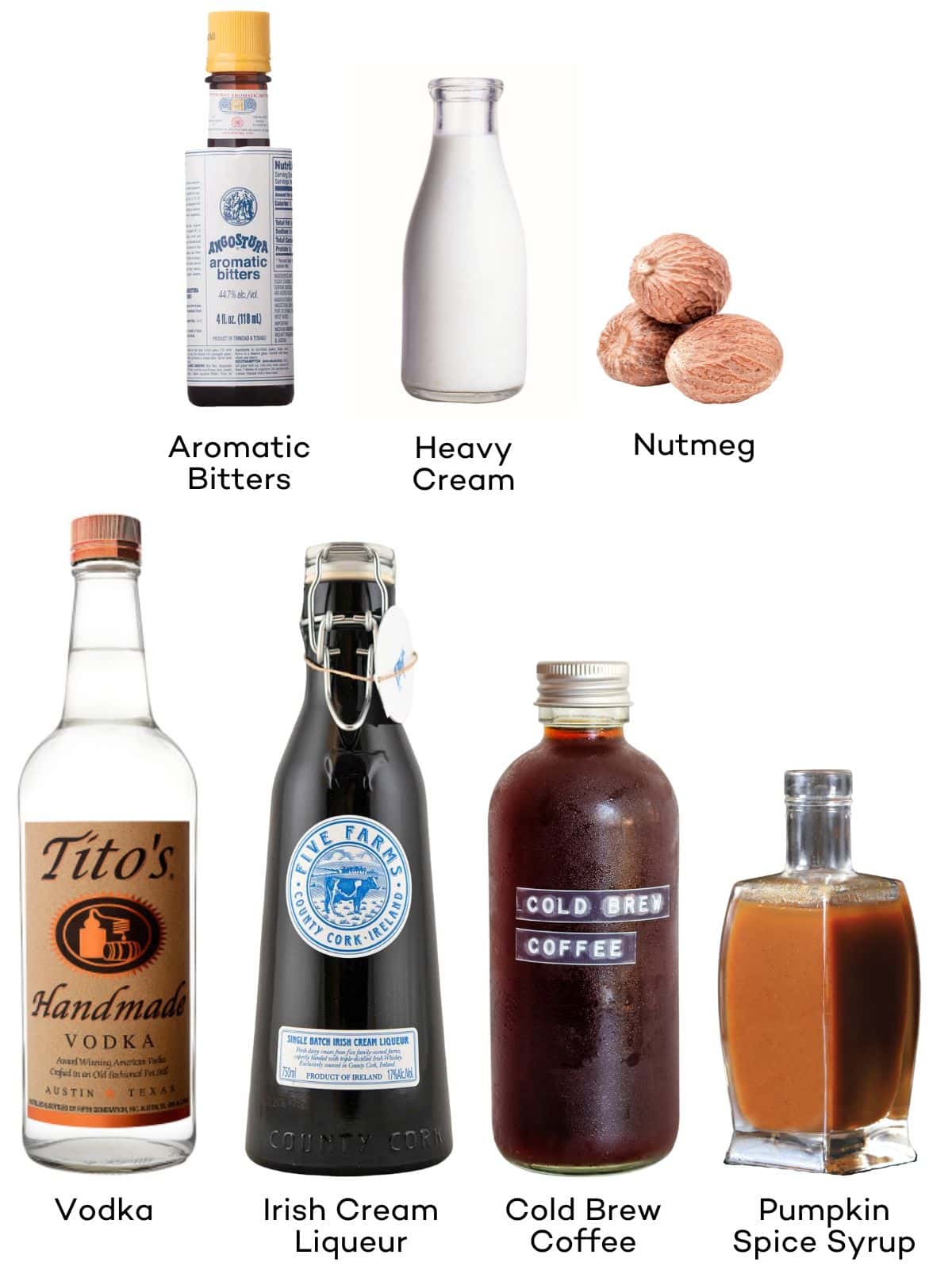 Ingredients for pumpkin spice martini - vodka, irish cream liqueur, coffee, pumpkin spice syrup, aromatic bitters, heavy cream, nutmeg. 