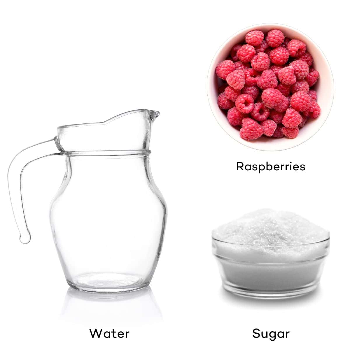 Ingredients for raspberry simple syrup - water, sugar, raspberries.