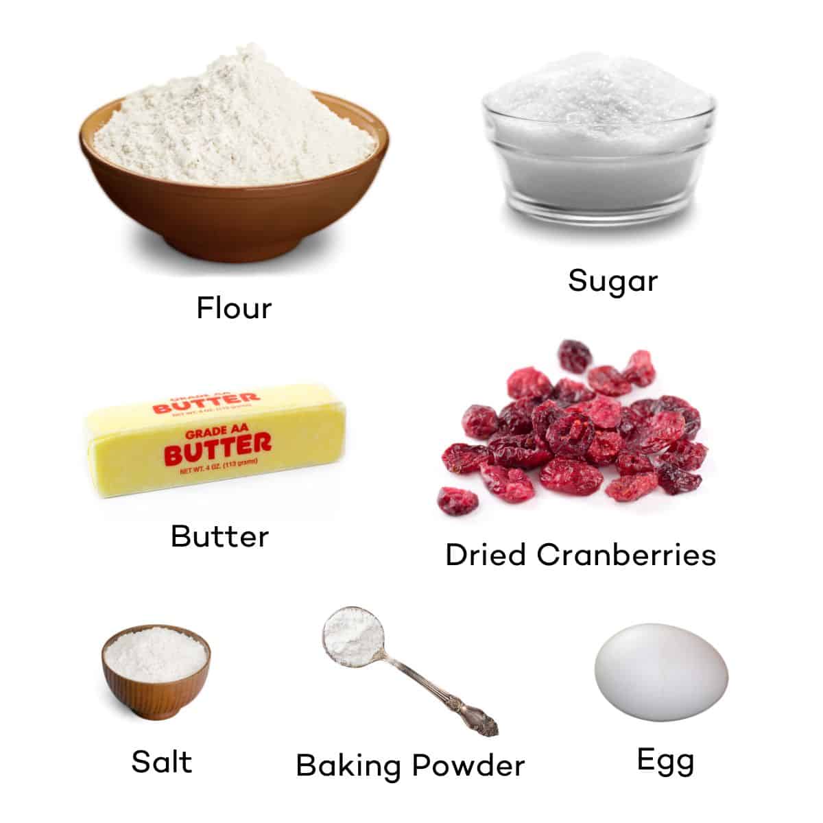 Ingredients for Cranberry Shortbread cookies. 