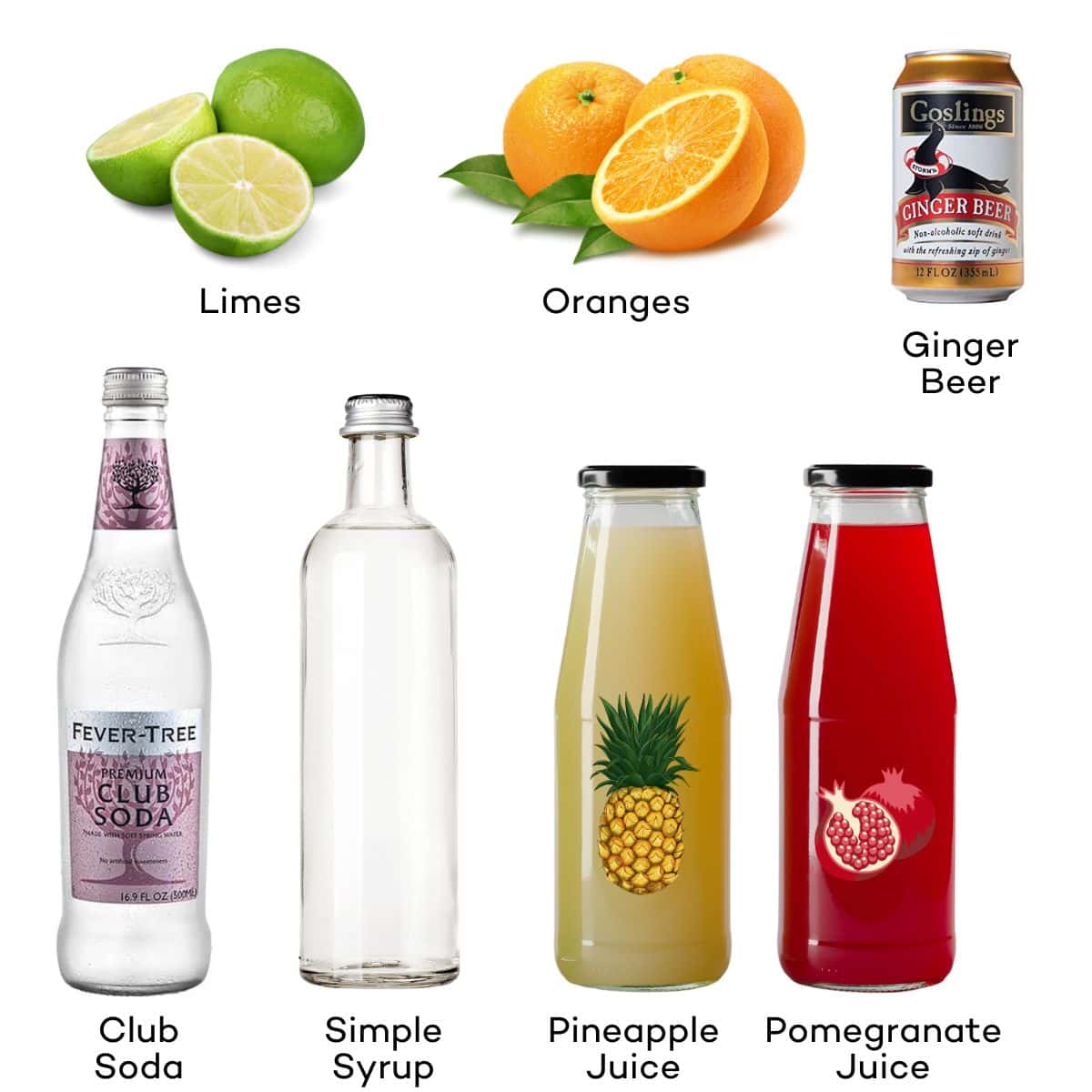Ingredients for Non-Alcoholic Christmas Mocktails - pomegranate juice, pineapple juice, club soda, simple syrup, lime, orange, ginger beer.