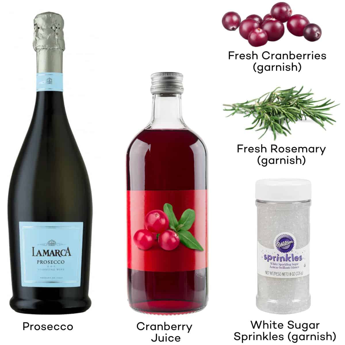 Ingredients for cranberry mimosas - prosecco, cranberry juice. For garnish - fresh cranberries, fresh rosemary, sugar sprinkles.