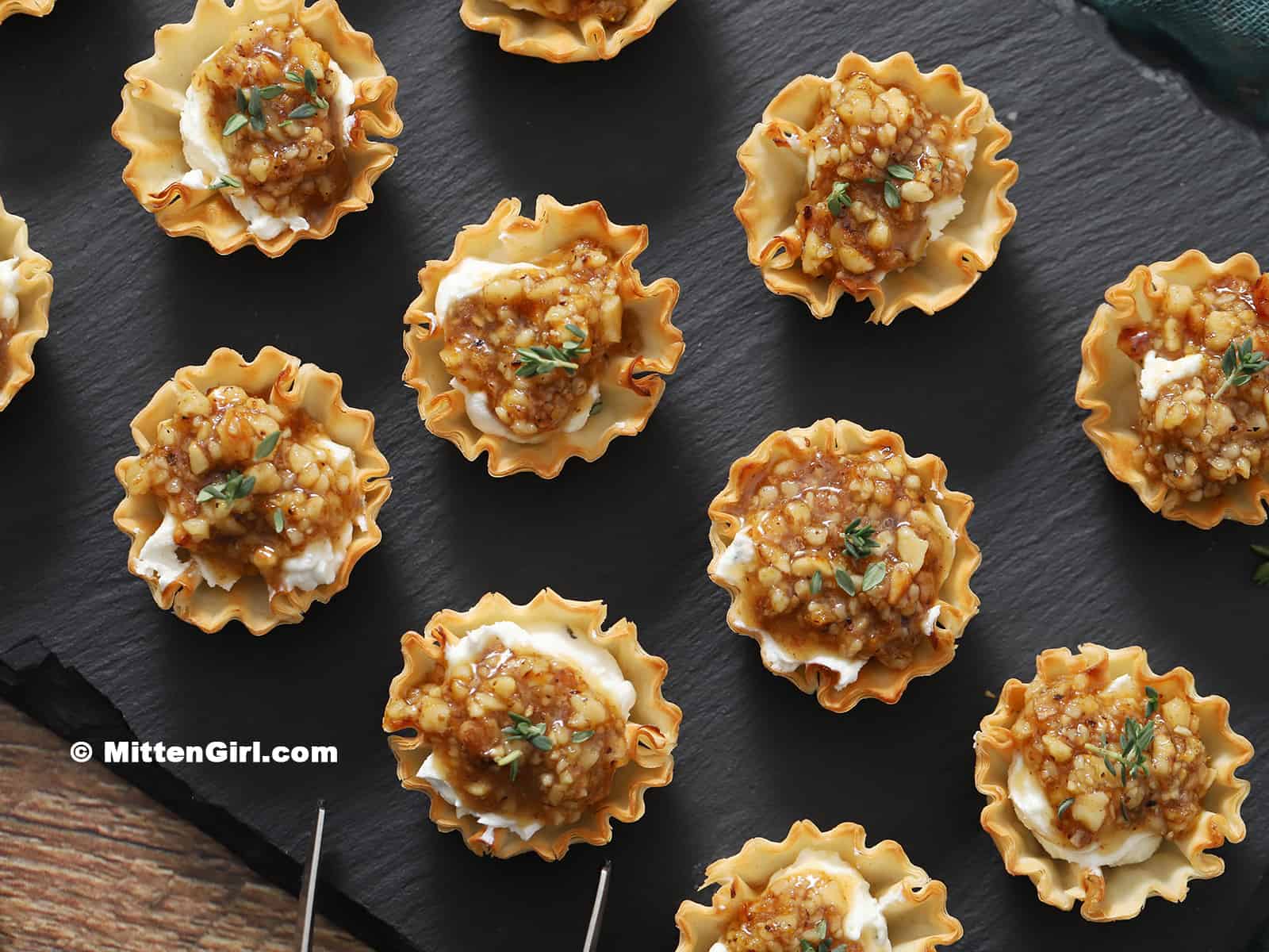 Honey, Walnut, and Goat Cheese Phyllo Cup Appetizers