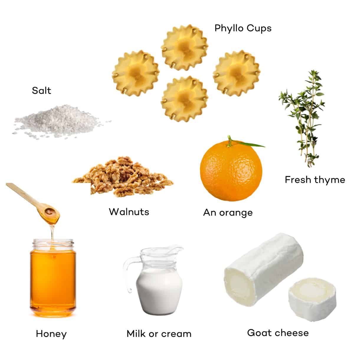 Ingredients for Honey, Walnut, and Goat Cheese Phyllo Cup Appetizers