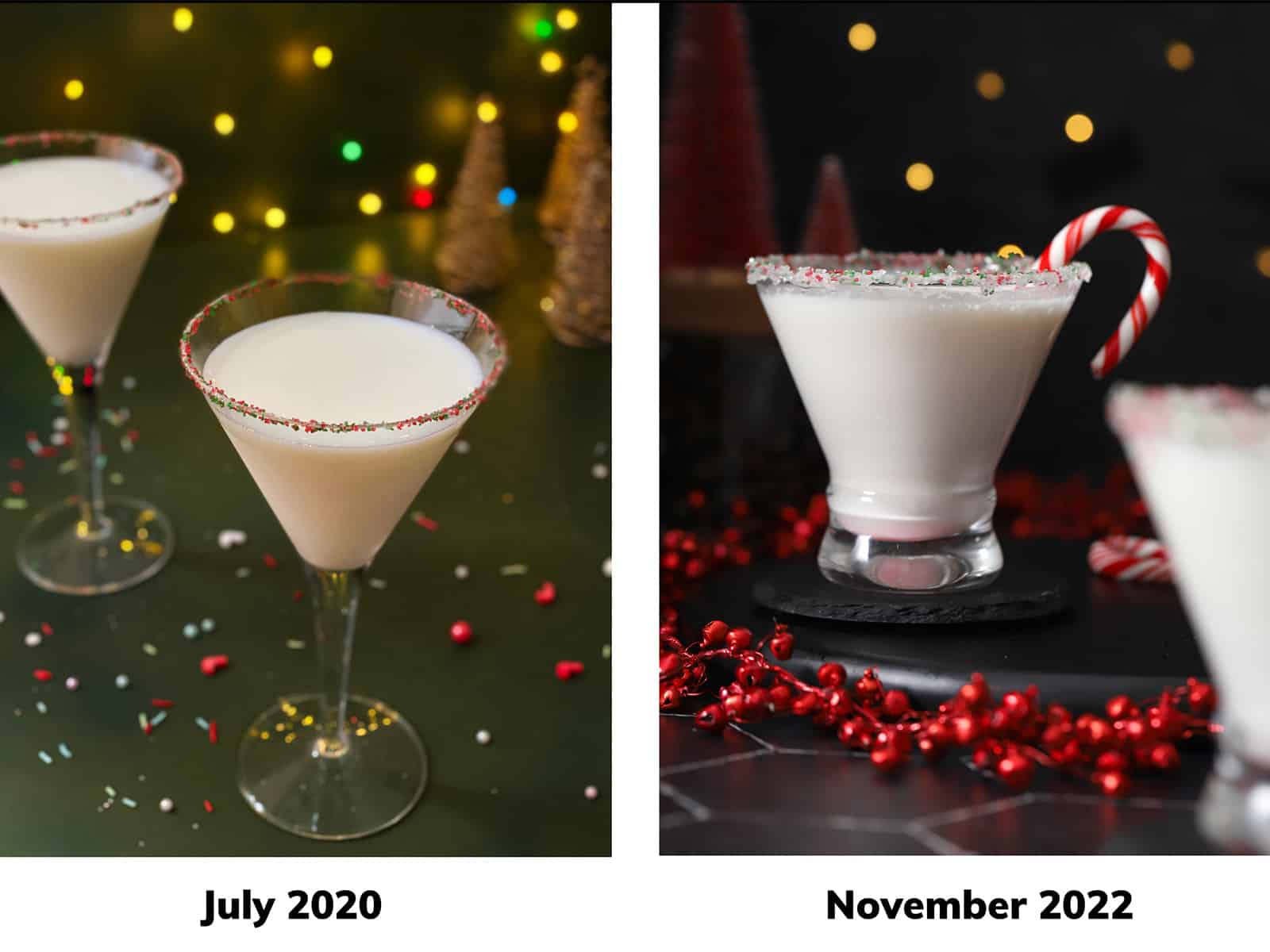 Then and now photo comparison for my candy cane martinis.