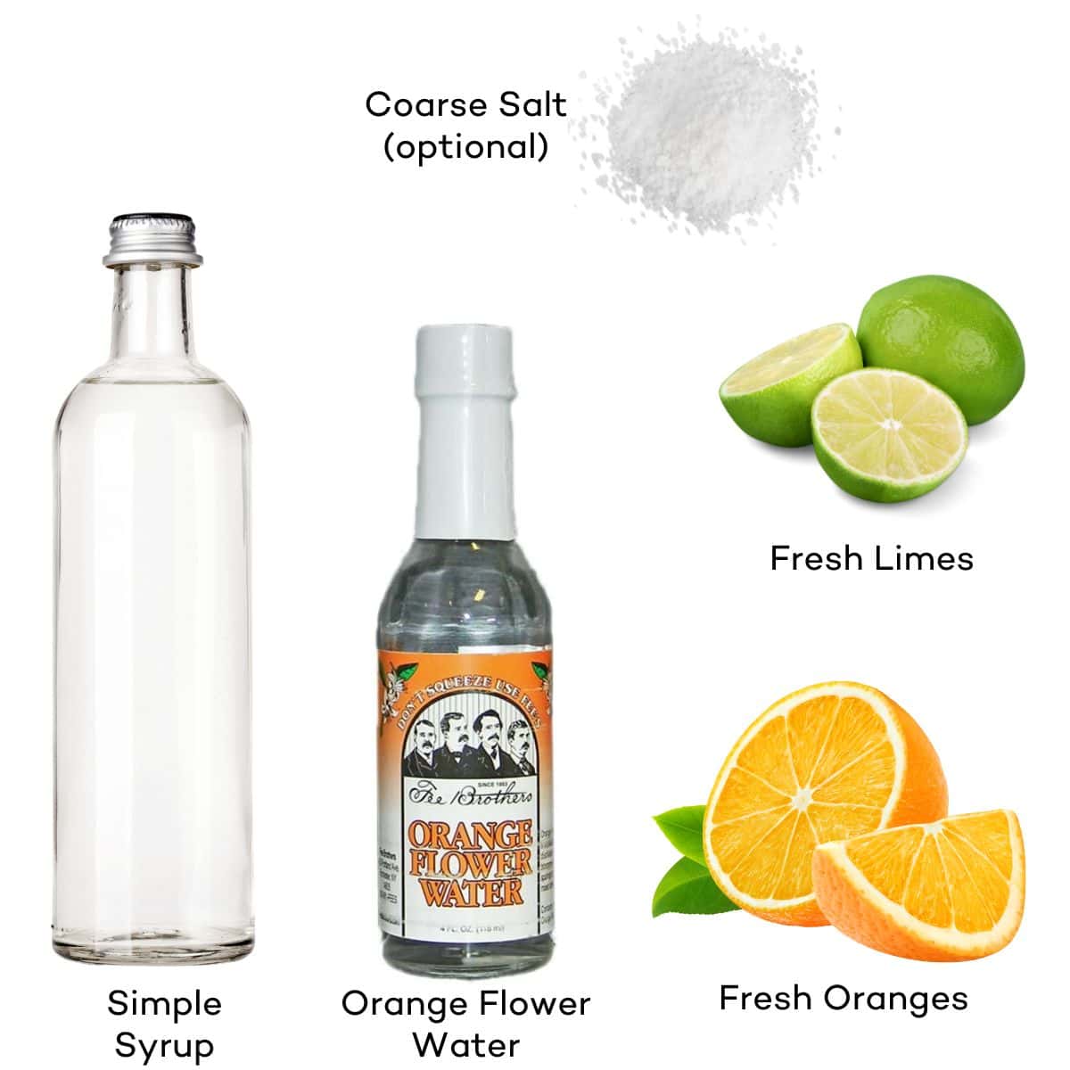 Ingredients for non-alcoholic margaritas - simple syrup, lime, orange, orange flower water.