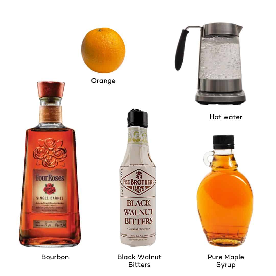 Ingredients for a maple bourbon hot toddy.