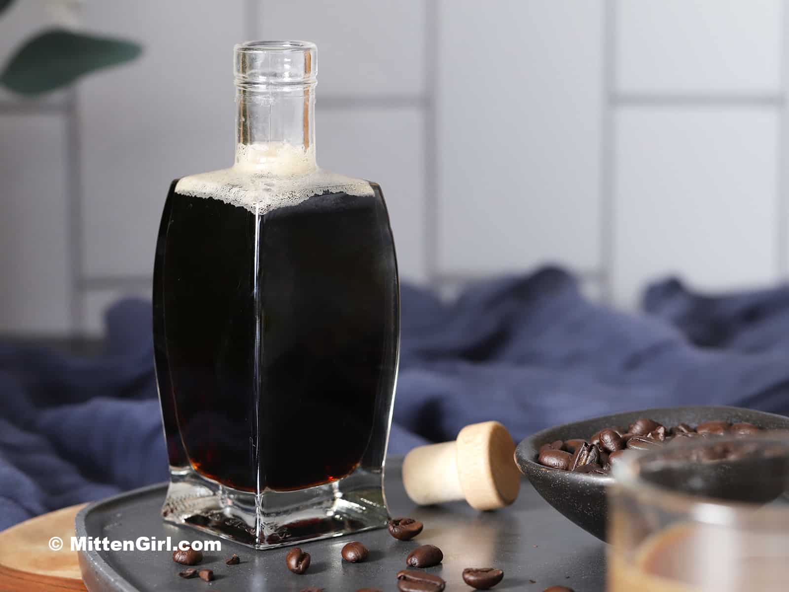 A bottle of homemade coffee syrup.
