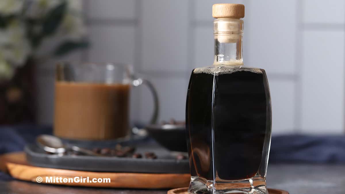 A bottle of coffee simple syrup. 