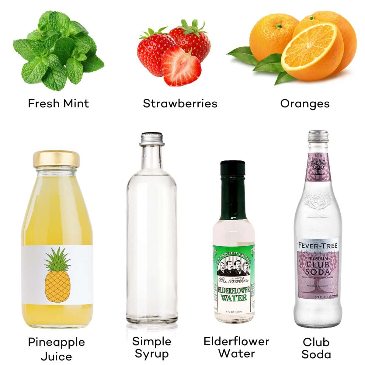 Ingredients for a strawberry mocktail with pineapple juice. 