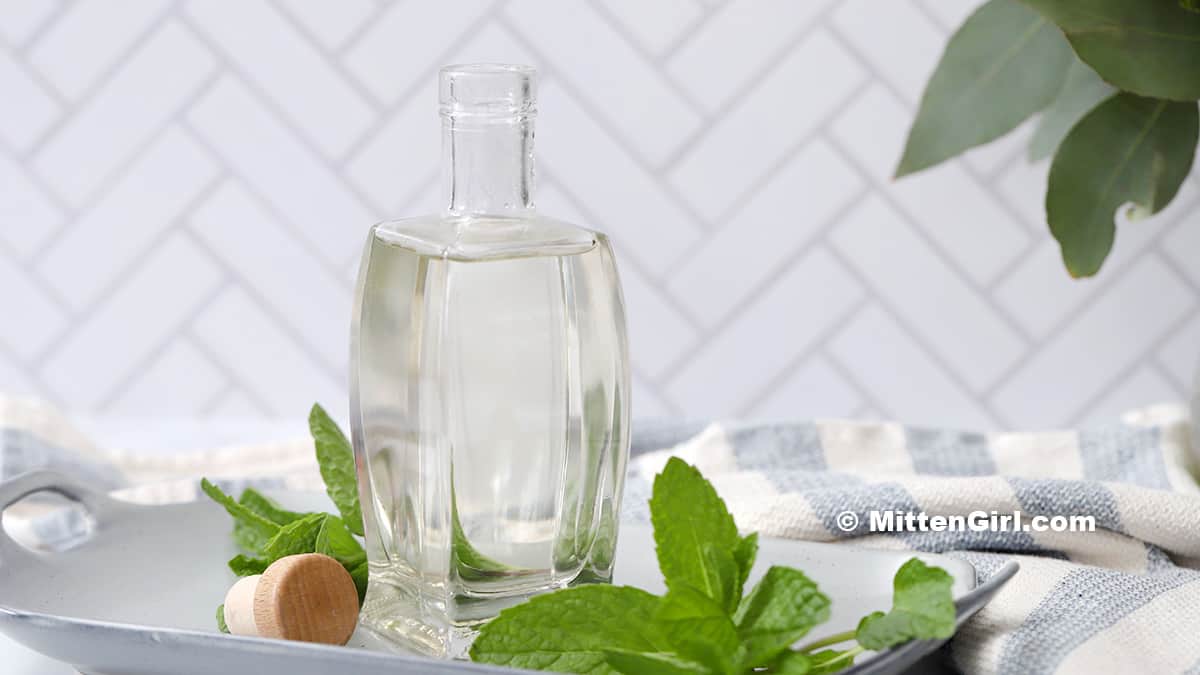 A bottle of mint simple syrup.