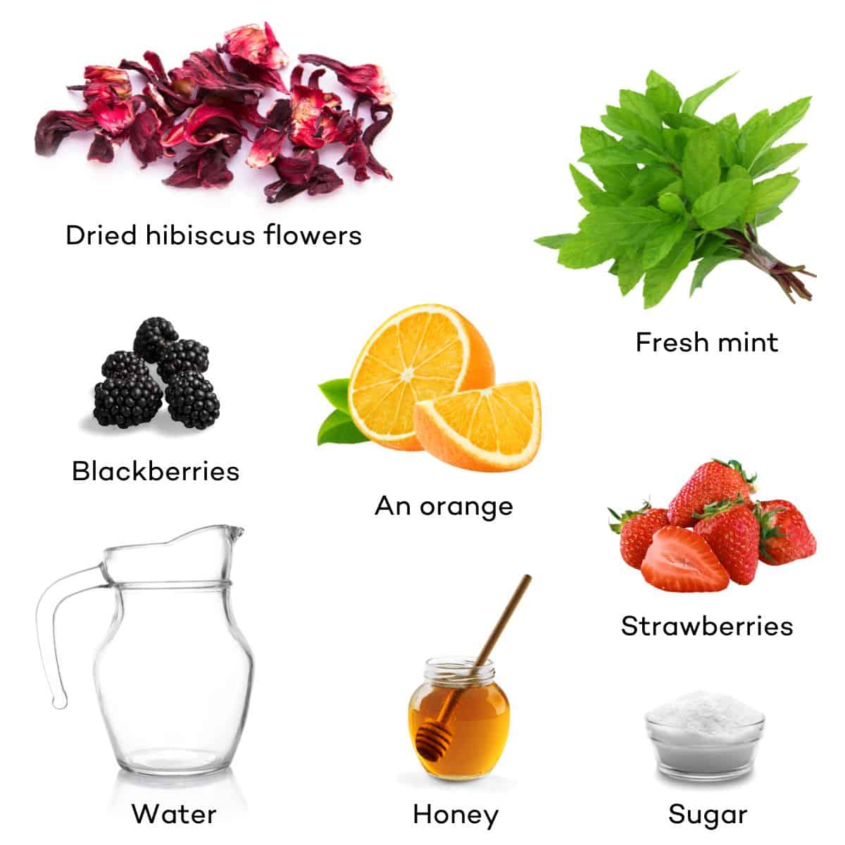 Ingredients for Berry Hibiscus Iced Tea.