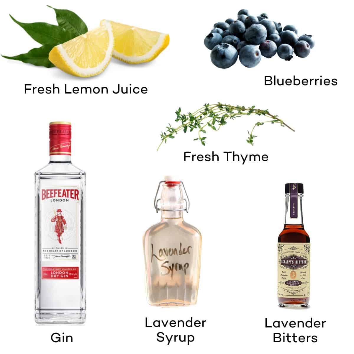 Ingredients for blueberry lavender gin cocktails.