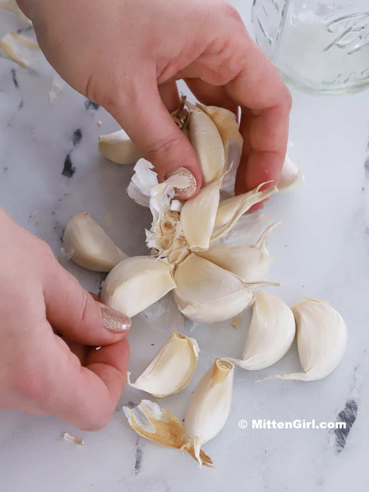 Hands separating out cloves of garlic.