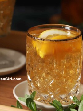 A glass of ginger peach iced tea.