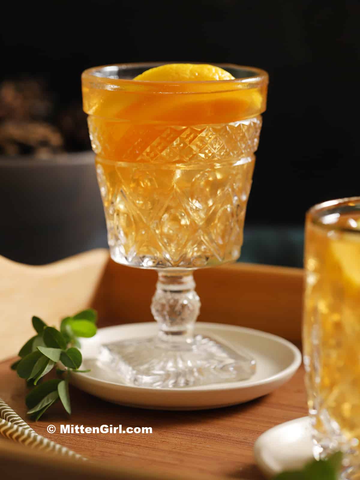 A glass of ginger peach iced tea.