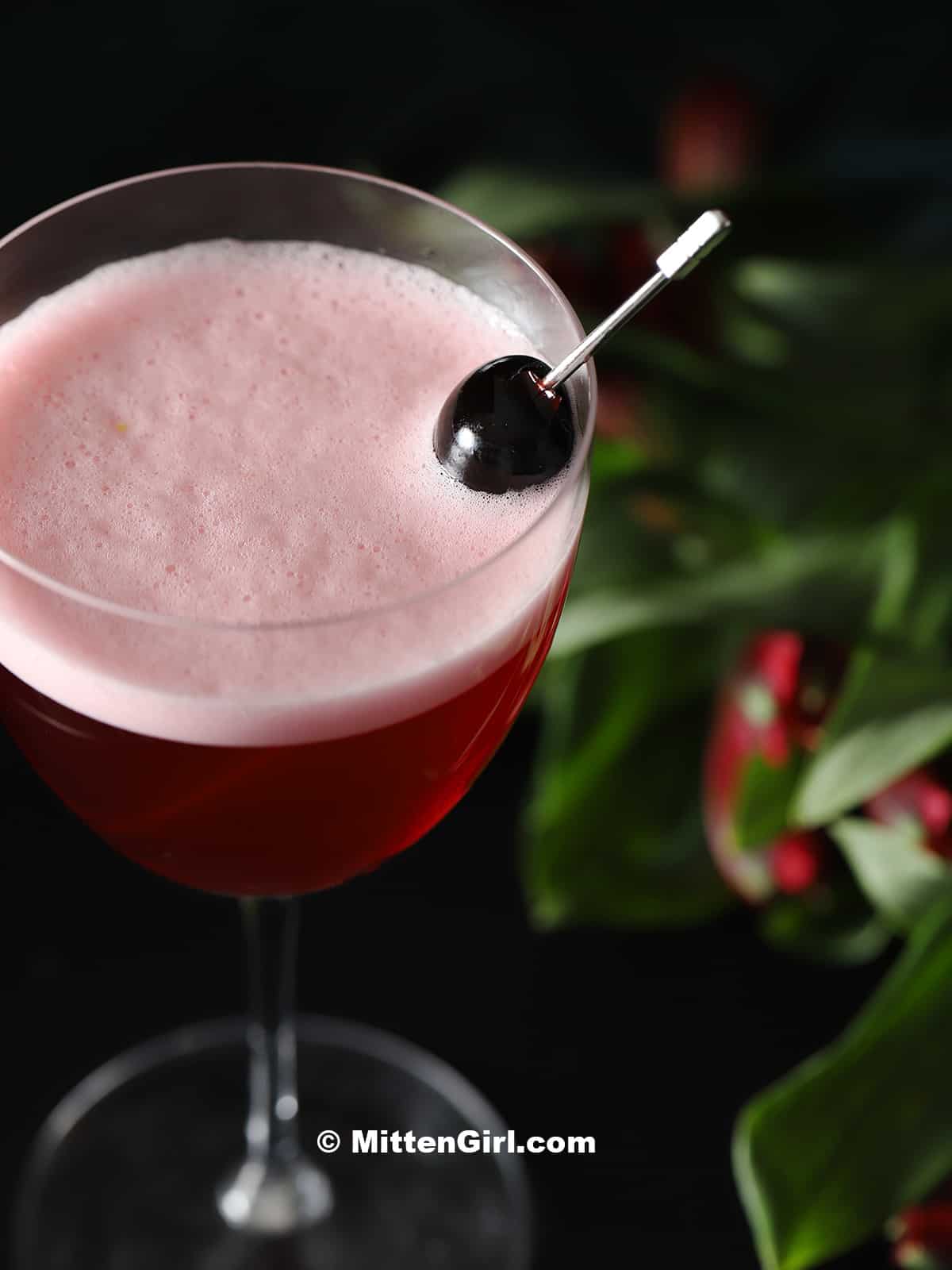A cherry sour vodka cocktail with foam on top.