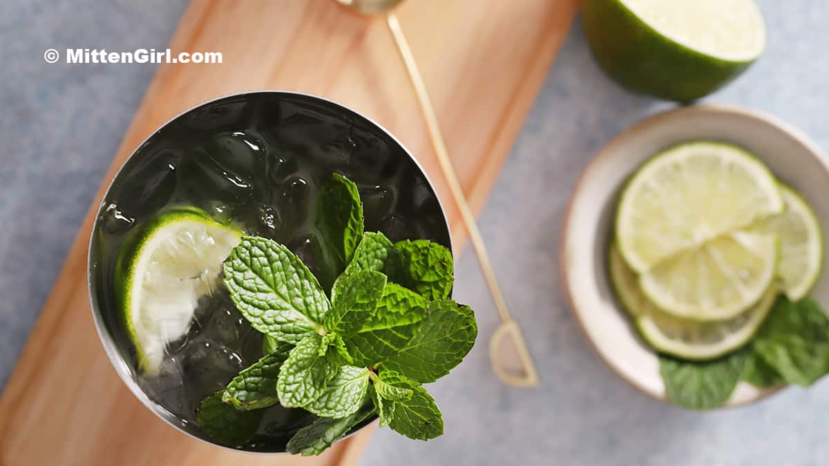 A glass of mocktail with lime and mint.