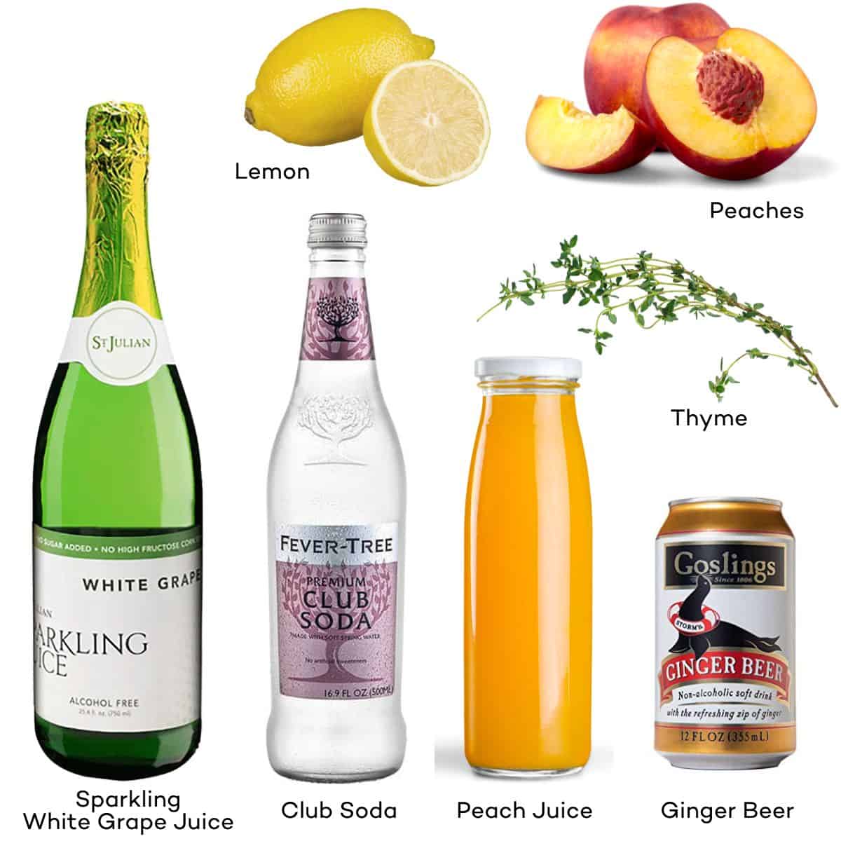 Ingredients for peach sangria mocktails - white grape juice, club soda, peach juice, ginger beer, peach, thyme, lemon. 