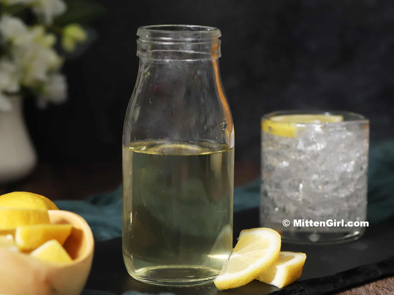 A bottle of lemon simple syrup. 