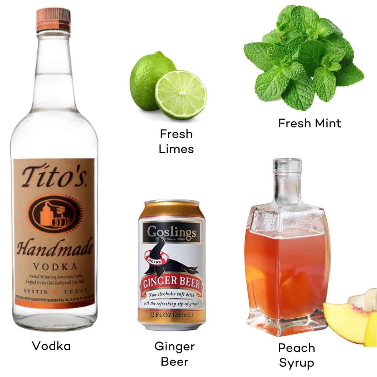 Ingredients for peach moscow mules. 