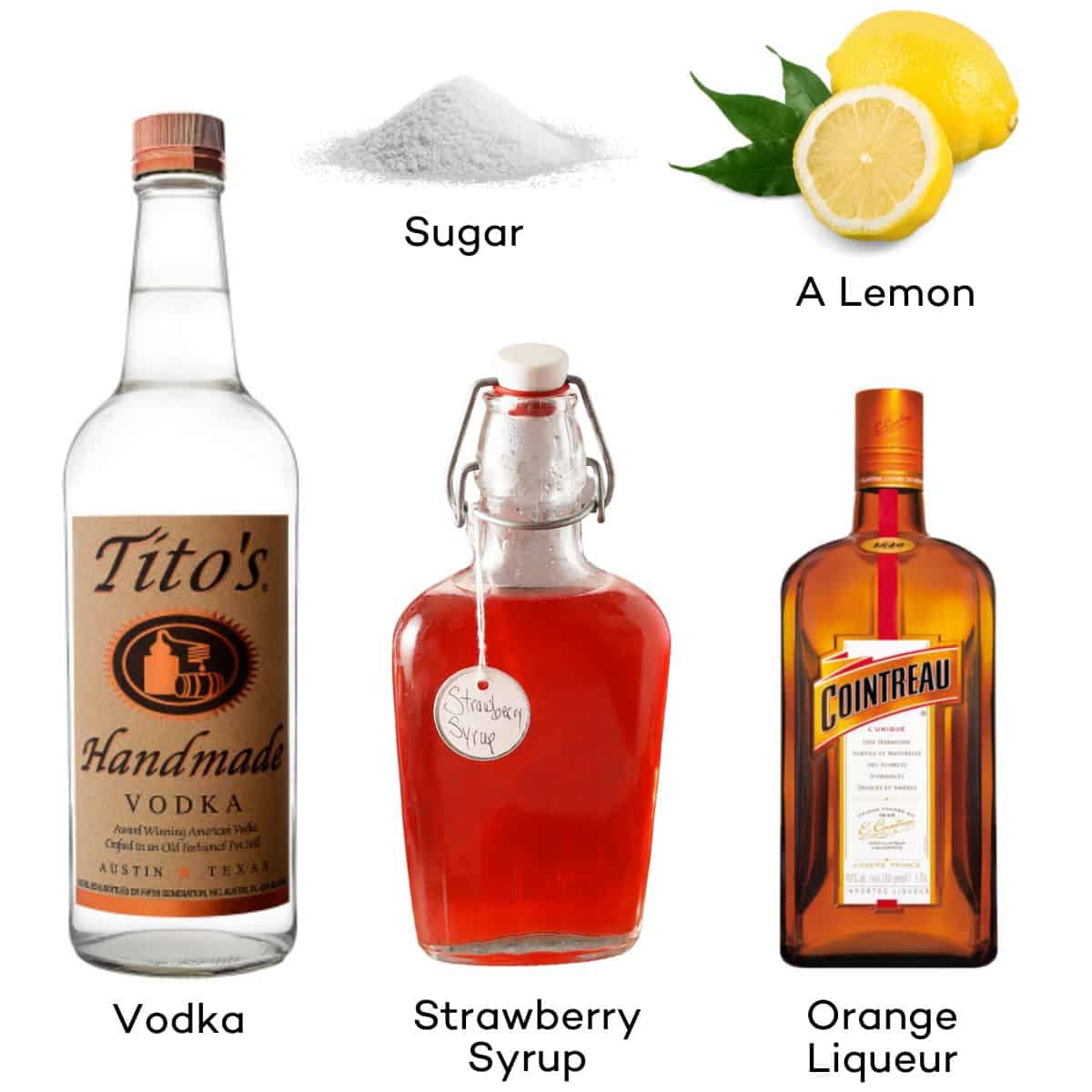 Ingredients for a Strawberry Lemon Drop Cocktail - Vodka, Strawberry Syrup, Orange Liqueur, Lemon, Sugar.