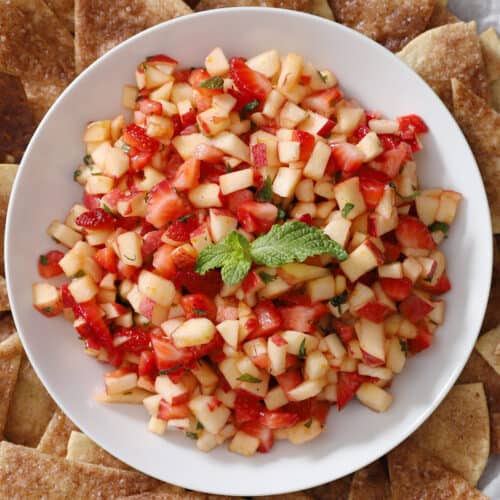 A bowl of fresh apple salsa surrounded by cinnamon tortilla chips.