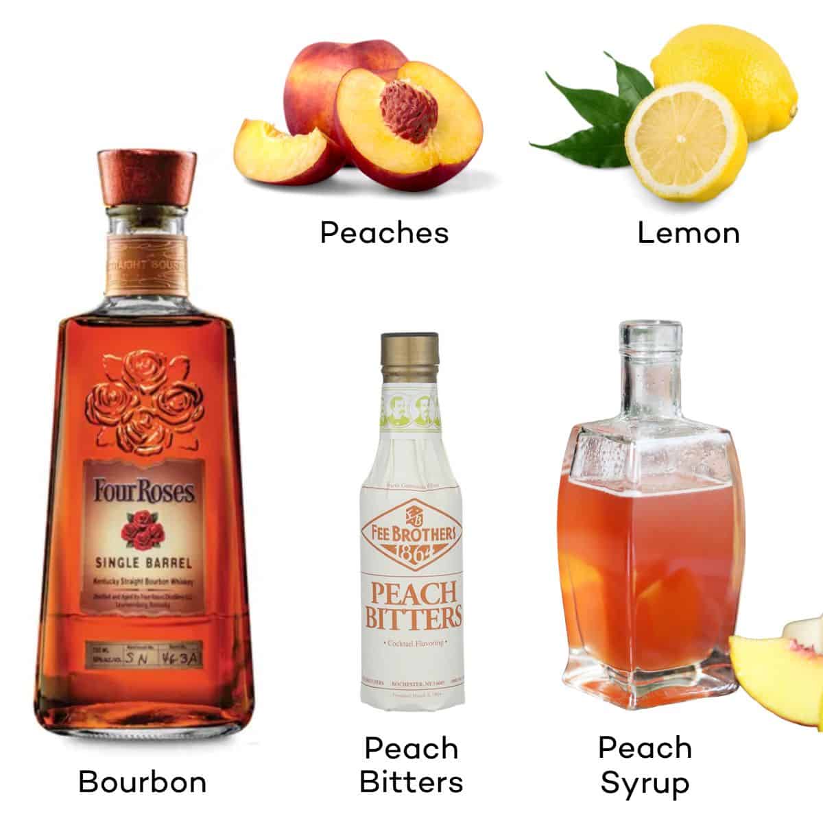 Ingredients for a Peach Old Fashioned - bourbon, peach syrup, peaches, lemon, peach bitters. 