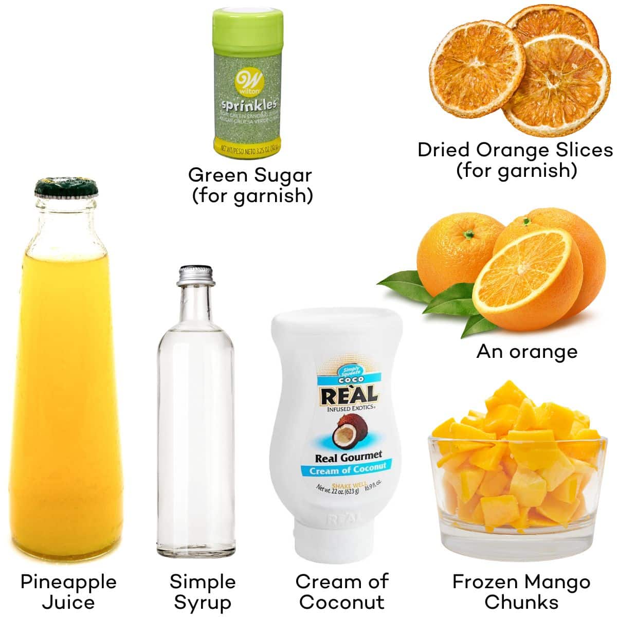 Ingredients for a non-alcoholic Halloween drink: Pineapple juice, cream of coconut, mango chunks, fresh orange, simple syrup, green decorating sugar, dried orange slices. 
