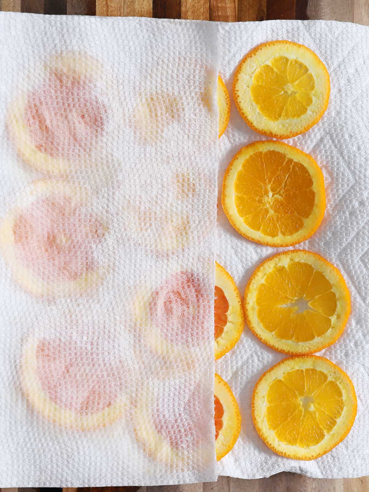 Paper towel on orange slices.