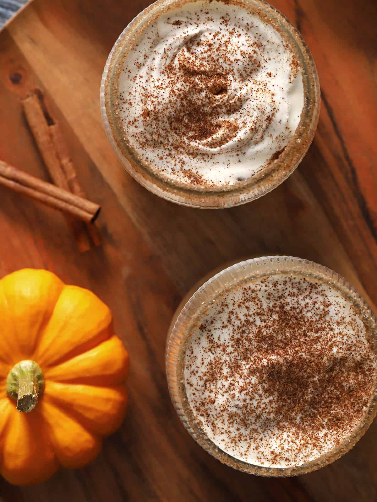A pair of pumpkin white russian cocktails. 
