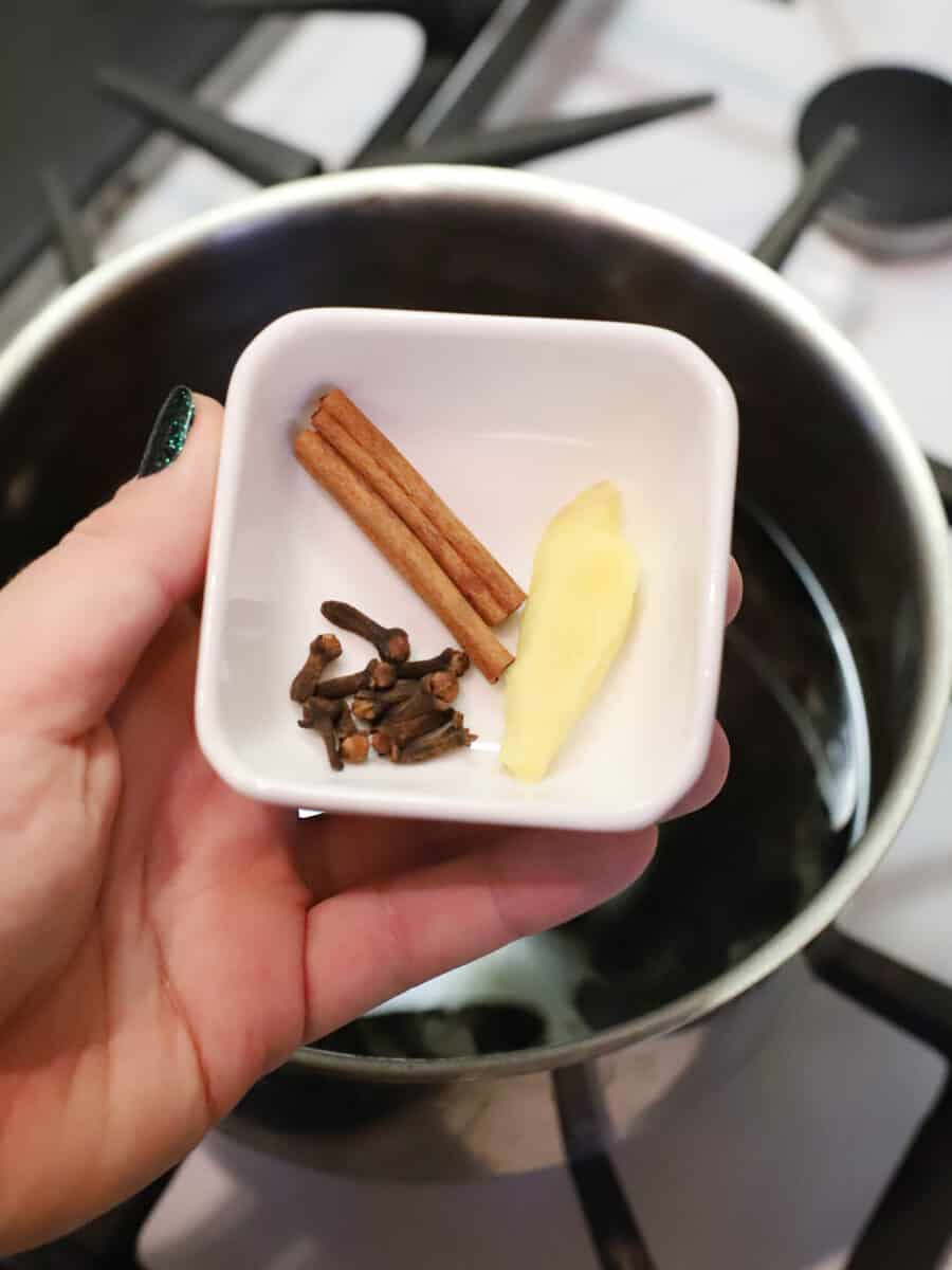 A hand holding cloves, cinnamon, and ginger in a small dish.