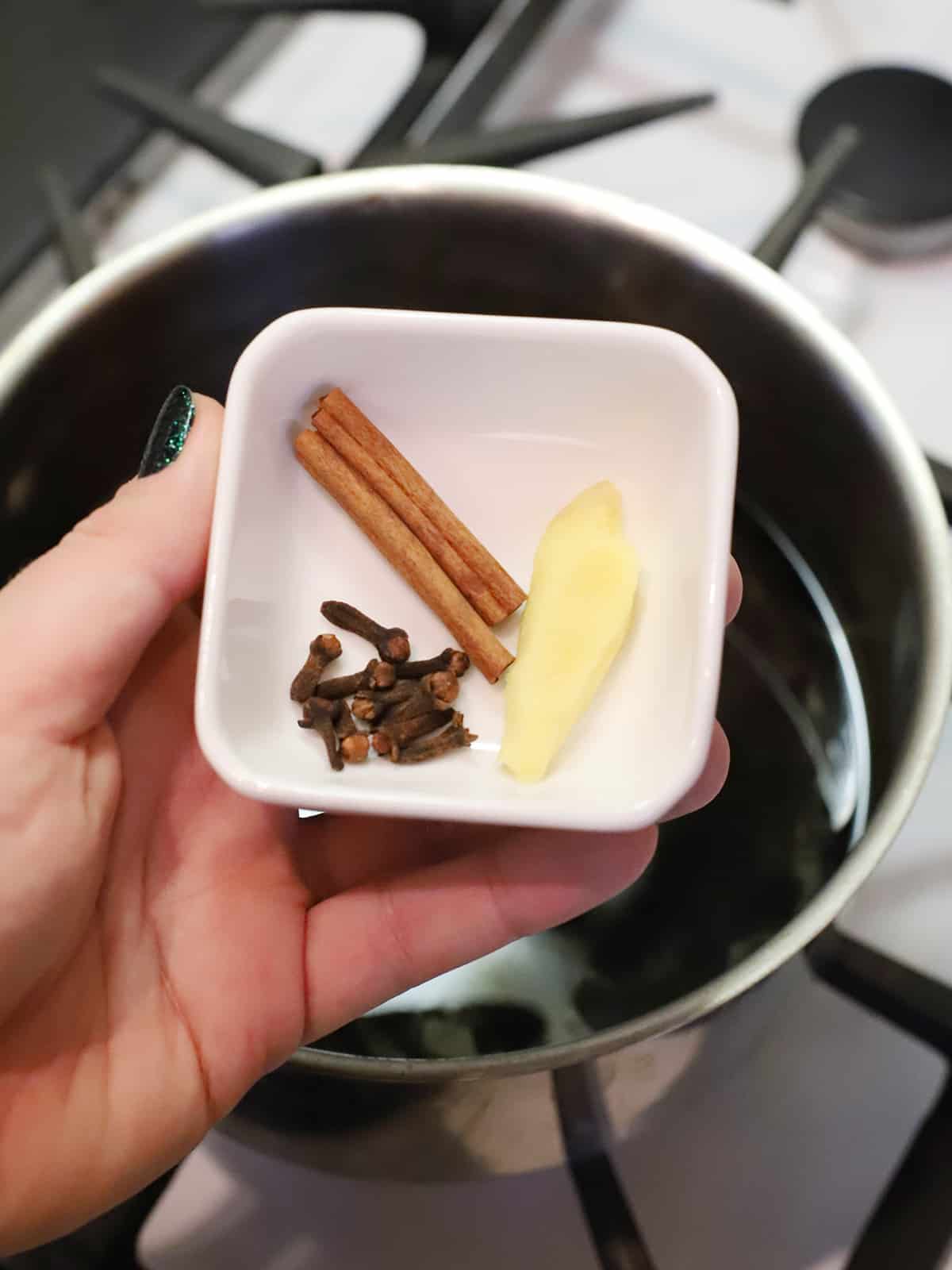 A hand holding cloves, cinnamon, and ginger in a small dish. 